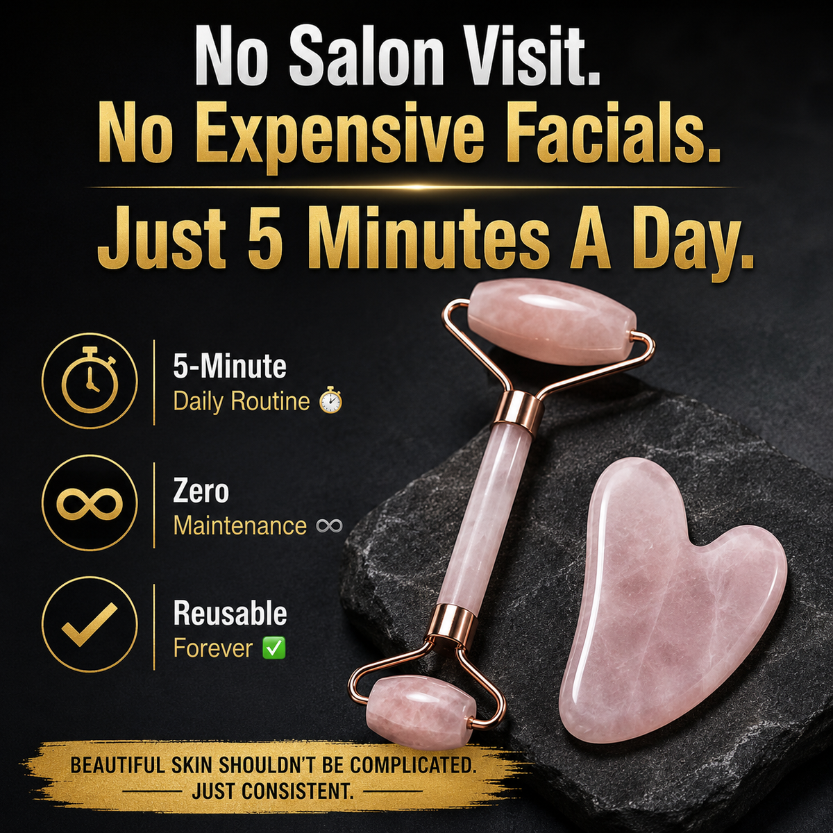 Rose Quartz Face Roller & Gua Sha Set – For Glowing Skin, Lymphatic Drainage & Crystal Healing