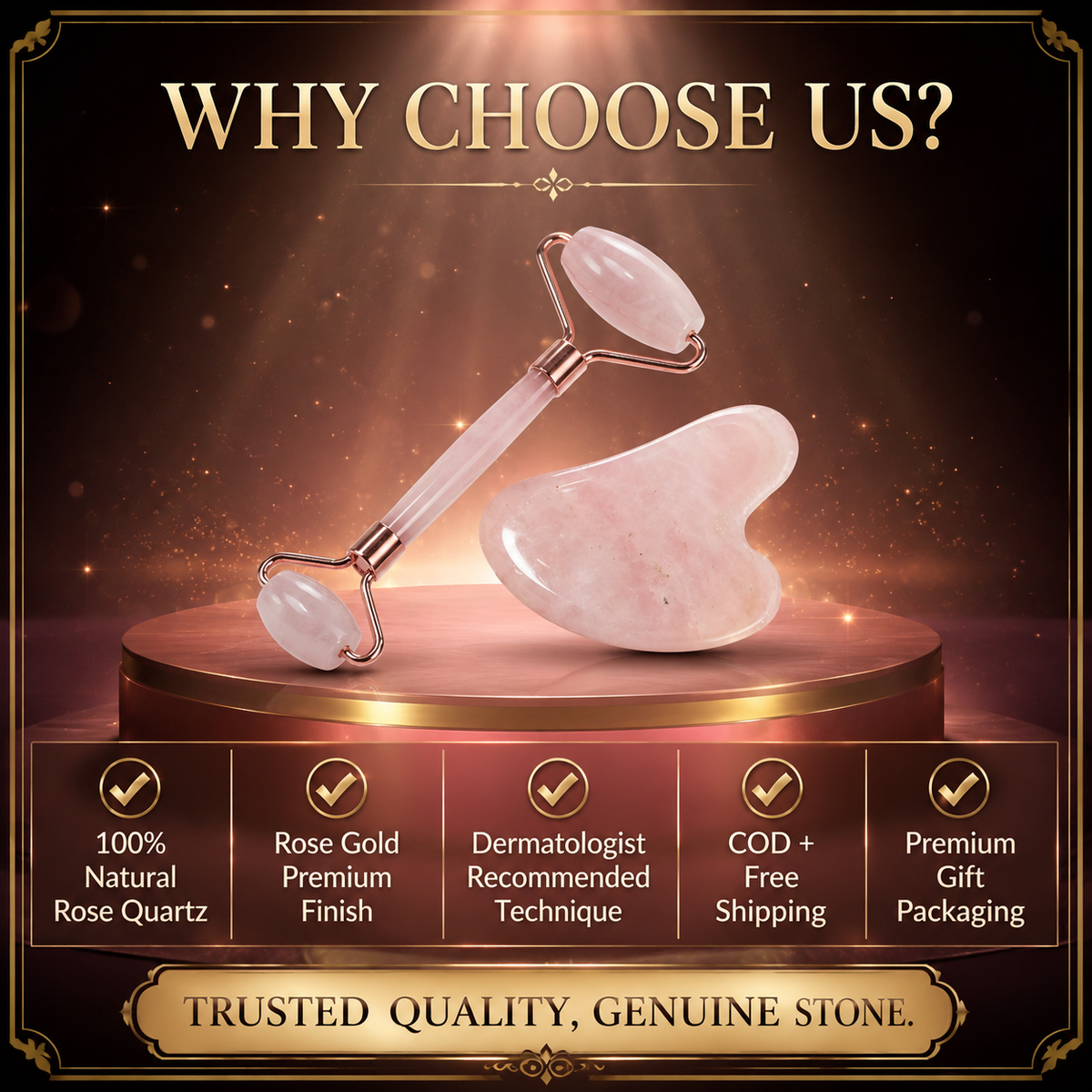 Rose Quartz Face Roller & Gua Sha Set – For Glowing Skin, Lymphatic Drainage & Crystal Healing