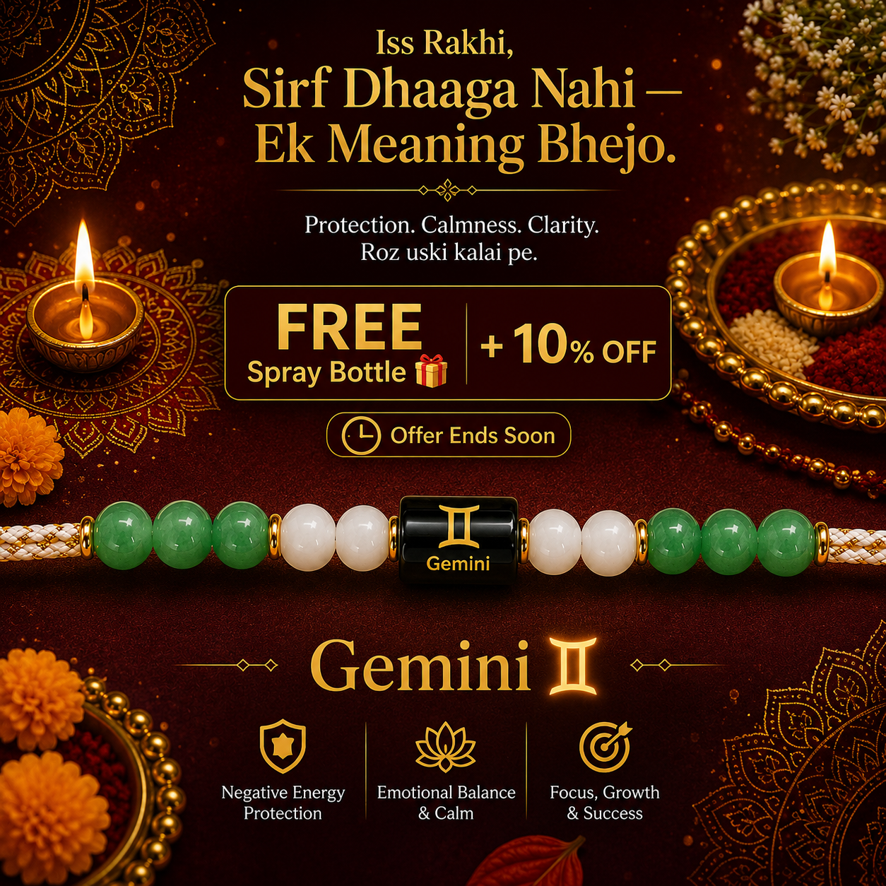 GEMINI (मिथुन) – Zodiac Rakhi Green Aventurine & Milky Quartz