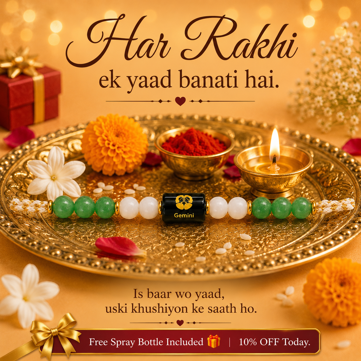 GEMINI (मिथुन) – Zodiac Rakhi Green Aventurine & Milky Quartz