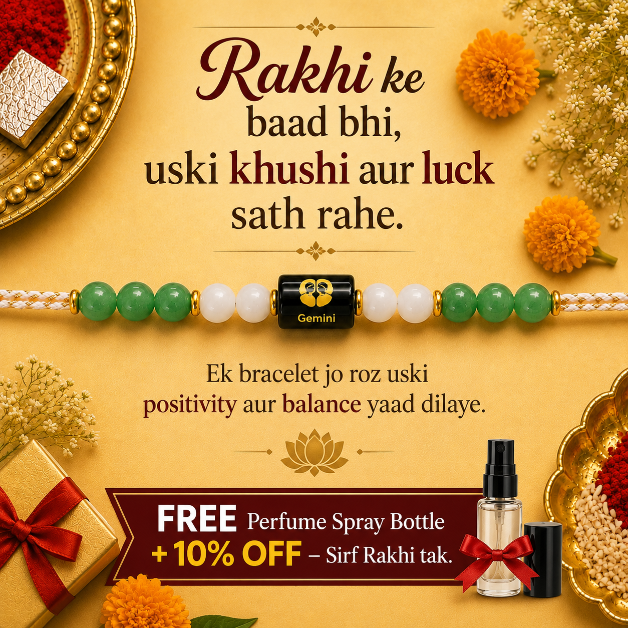 GEMINI (मिथुन) – Zodiac Rakhi Green Aventurine & Milky Quartz