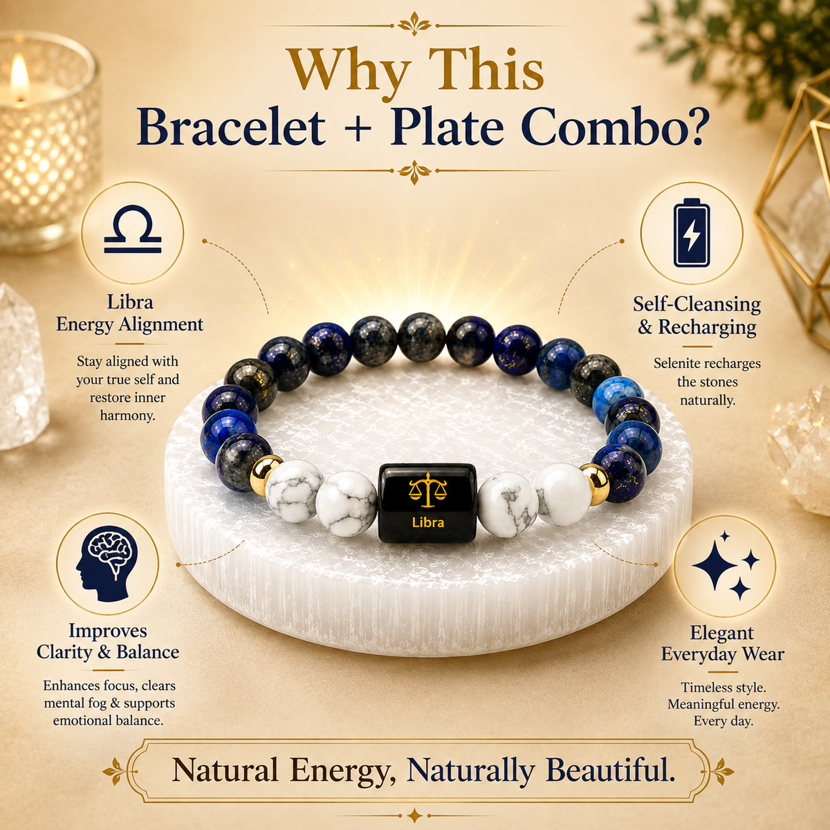 Libra (तुला राशि) Lapis Lazuli & Howlite Crystal Zodiac Bracelet – For Balance, Clarity & Inner Peace