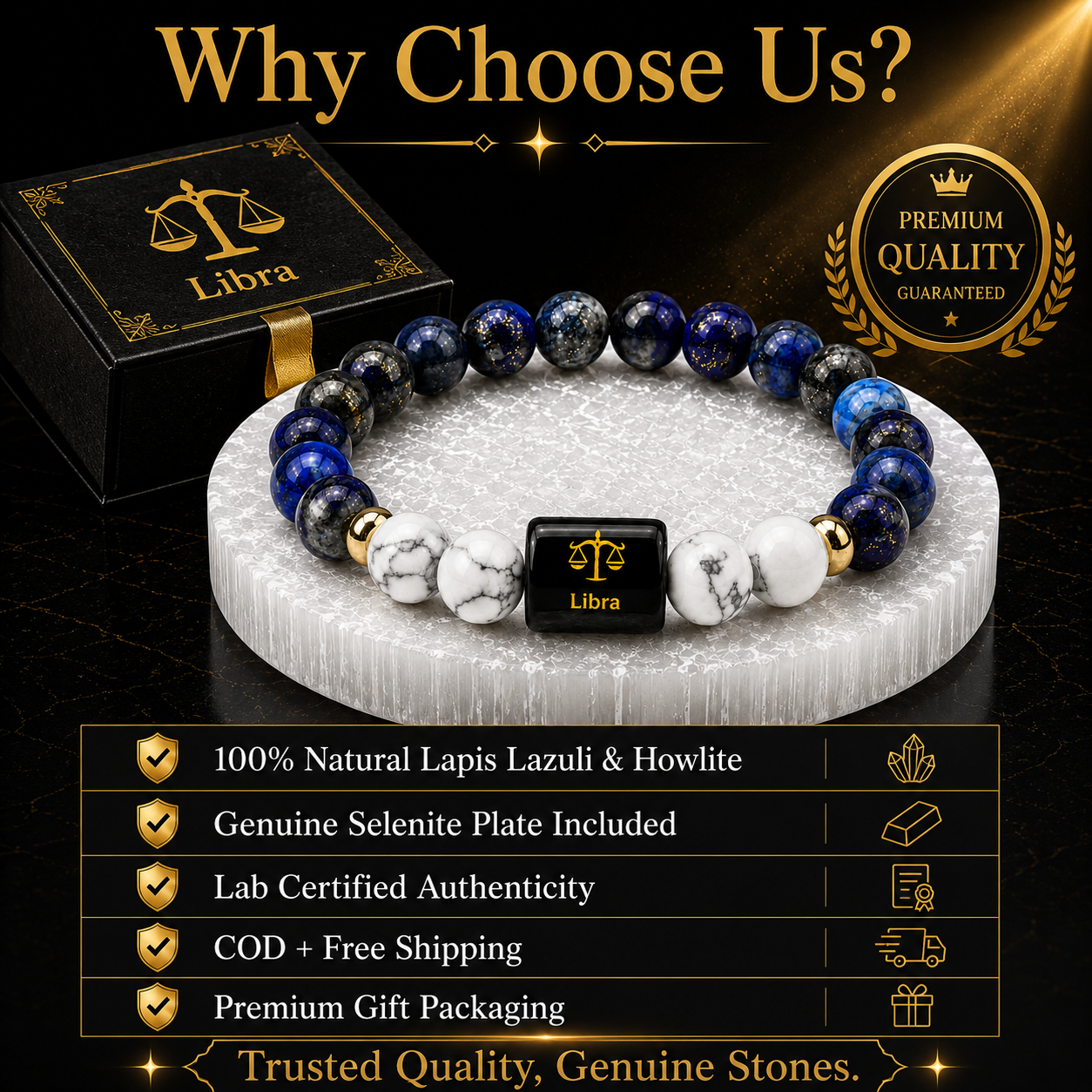Libra (तुला राशि) Lapis Lazuli & Howlite Crystal Zodiac Bracelet – For Balance, Clarity & Inner Peace