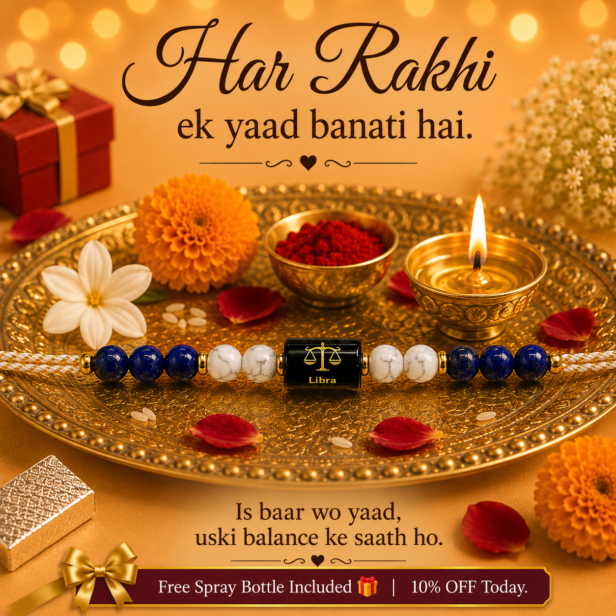 LIBRA (तुला) – Zodiac Rakhi Lapis Lazuli & Howlite