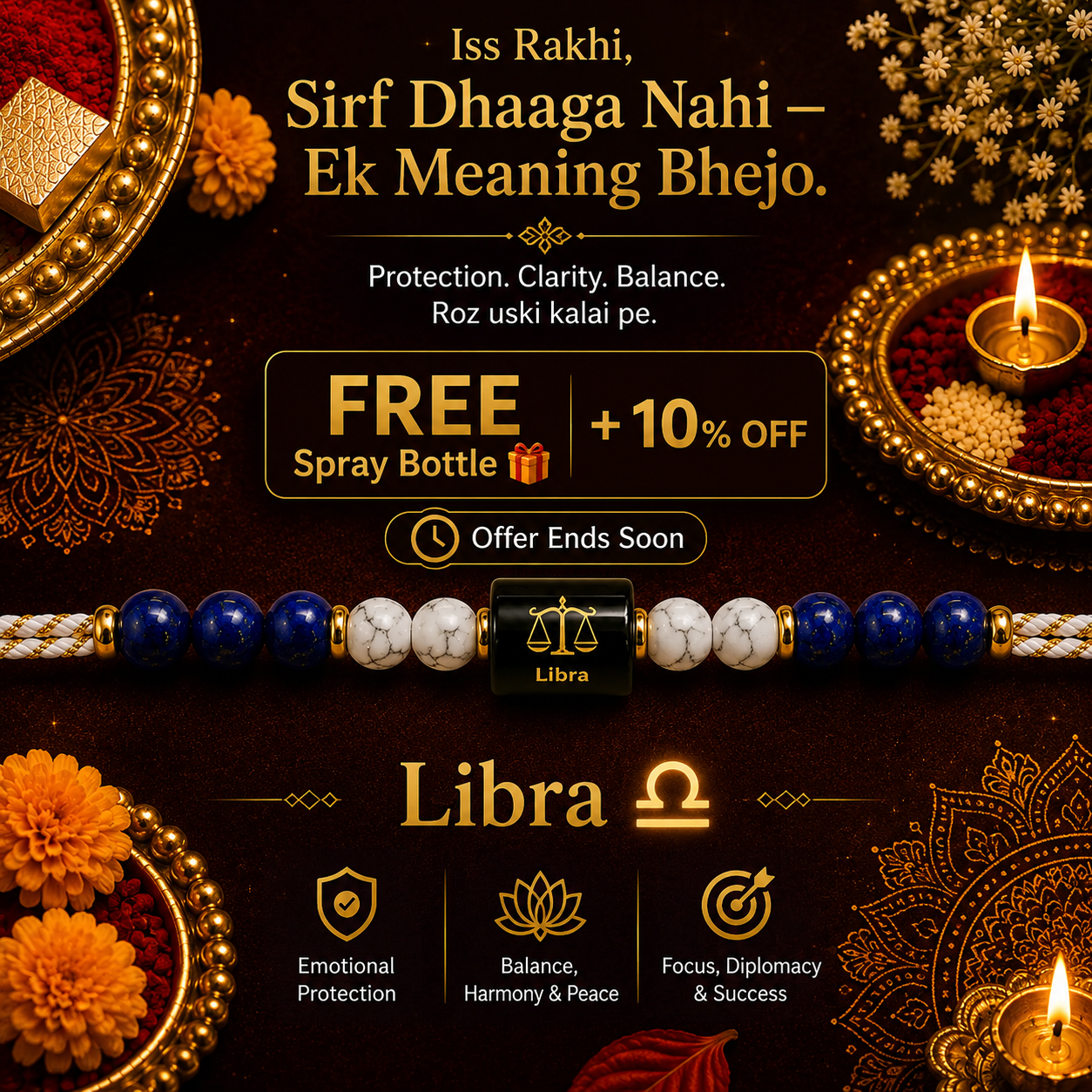 LIBRA (तुला) – Zodiac Rakhi Lapis Lazuli & Howlite
