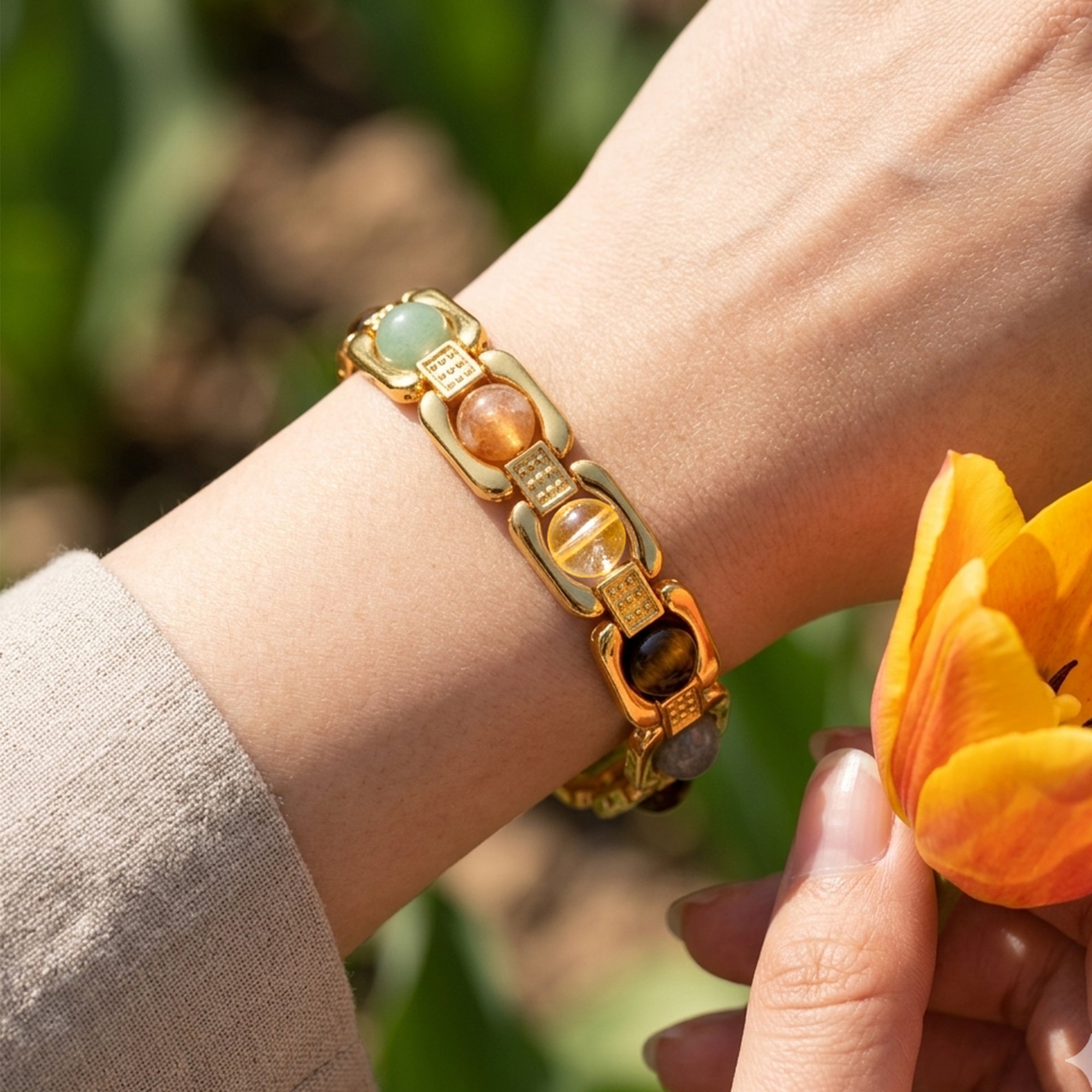 Gold Plated Dhan Yog Bracelet | Original Citrine, Pyrite, Tiger Eye & Aventurine Crystal