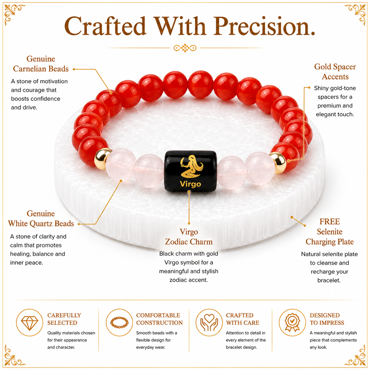 Virgo (कन्या राशि) Carnelian & Milky Quartz Crystal Zodiac Bracelet – For Calm Focus & Inner Confidence