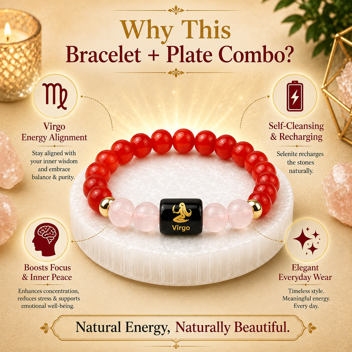 Virgo (कन्या राशि) Carnelian & Milky Quartz Crystal Zodiac Bracelet – For Calm Focus & Inner Confidence