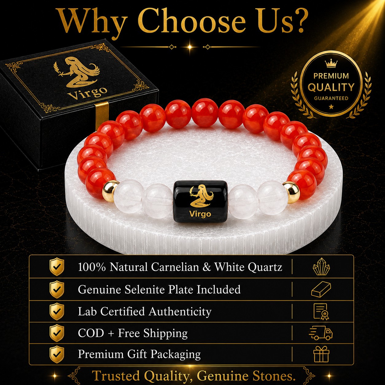 Virgo (कन्या राशि) Carnelian & Milky Quartz Crystal Zodiac Bracelet – For Calm Focus & Inner Confidence